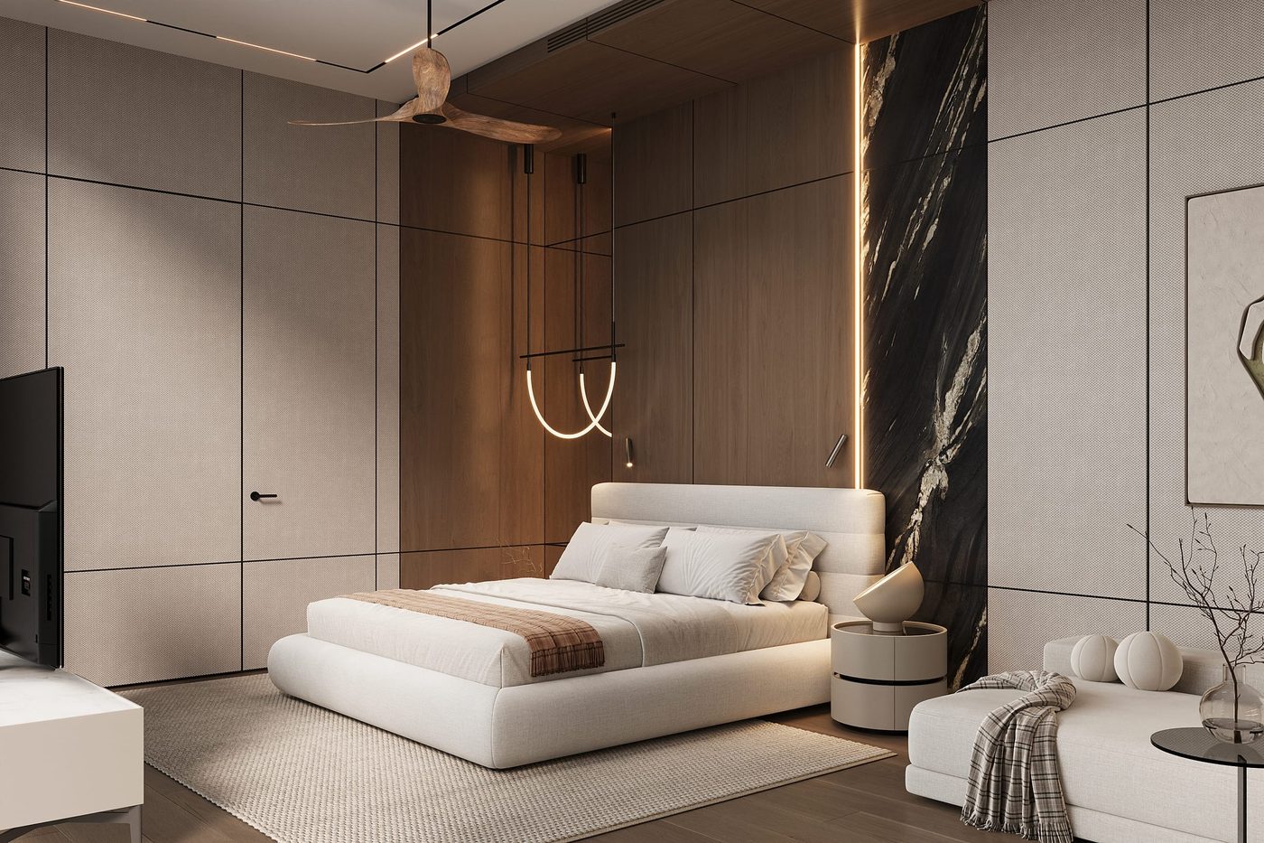 Sunti Villas — master bedroom with a reading chair